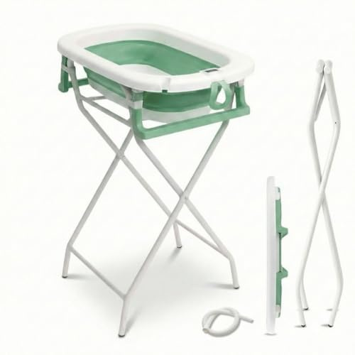 BAÑERA PLEGABLE PARA BEBÉ | Diseño Portátil y Plegable | Recién Nacido | Con Termómetro + Patas Antideslizantes + Tapón de Desagüe (Verde Soporte)