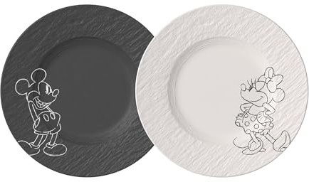 Villeroy & Boch Manufacture Rock – Mickey Mouse – assiette à dessert, 2 pièces, noir/blanc, résistant au lave-vaisselle/micro-ondes, look ardoise avec décor Disney Mickey Mouse