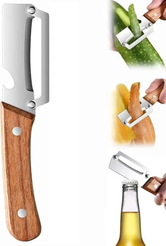 2-i-1 multifunktionell grönsaksskalare, ultraken flaska i rostfritt stål, halkfritt ergonomiskt trähandtag, mångsidig frukt- och potatisskalare, för (1)