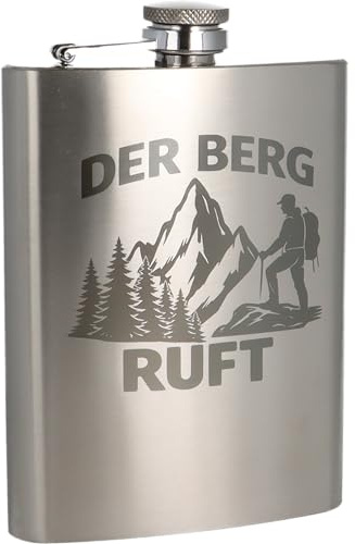 Edelstahl Flachmann mit Lasergravur – 236 ml (8 oz) – personalisierbares Design – auslaufsicher – Geschenk für Männer, Geburtstag, Jubiläum (Der Berg ruft - silber)