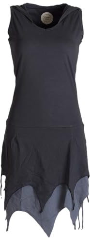 Vishes - Alternative Bekleidung - Ärmelloses Elfenkleid im Lagenlook mit Zipfeln und Zipfelkapuze aus Biobaumwolle schwarz 36