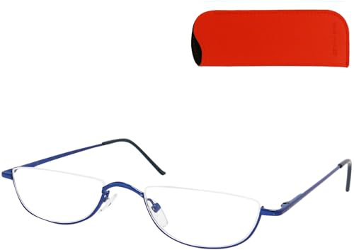 Mini Brille Halb Rund Lesebrille aus Metall mit Federscharnieren und Etui | 17 g leichte Halbbrille mit Edelstahlrahmen, Nasenpads, Federscharnieren und Etui für Alltag und unterwegs.