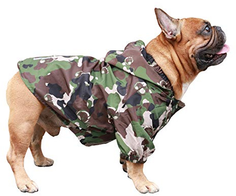 iChoue Hundemantel für kaltes Wetter, wasserabweisend, leichter Windbreaker, Kapuzenjacke für Französische Englische Bulldogge, Pitbull, Mops, Boston Terrier, Outdoor-Regenmantel, Camouflage, Größe S