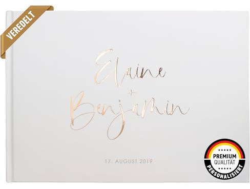Gästebuch Hochzeit personalisiert DIN A4 quer – Hardcover mit Fragen | Gästebuch Hochzeit mit Fragen, Einleitung und 52 bis 204 Seiten; Namen, Datum und Schriftfarbe individuell wählbar