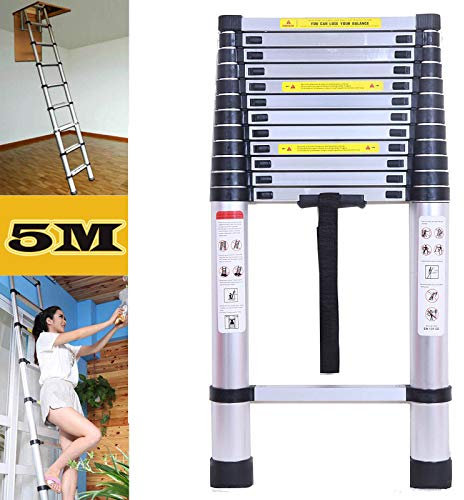 Bowose 5M Aluminium Telescopic Ladder Folding Extension Extendable Safety Steps with Anti-Slip Rubber Feet 150KG Load Capacity