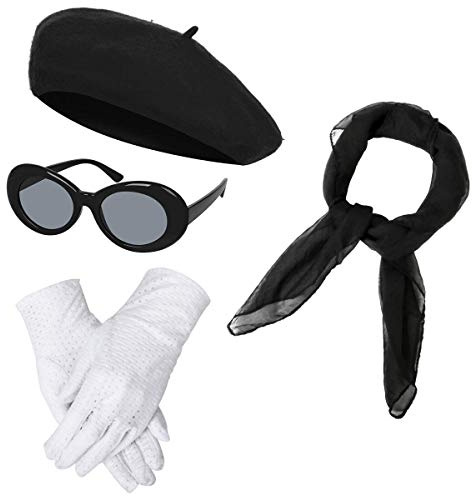 NUWIND Set di accessori per costumi 1940s Cappello da berretto francese classico vintage, Cappelli di lana Berretti Berretti Cappelli, Sciarpa in chiffon, guanti, occhiali da sole ovali retrò (nero)