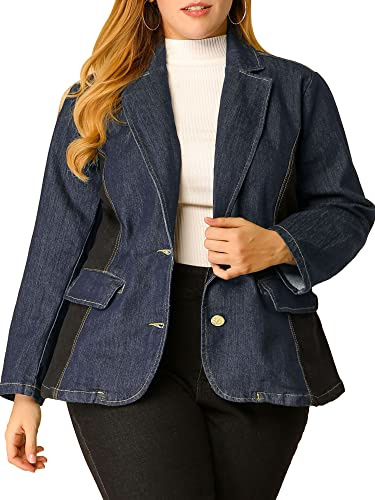 Agnes Orinda Women's Plus Size Denim Jackets Elegant Lapel Work Jean Blazer Jacket 2025 1X Blue
