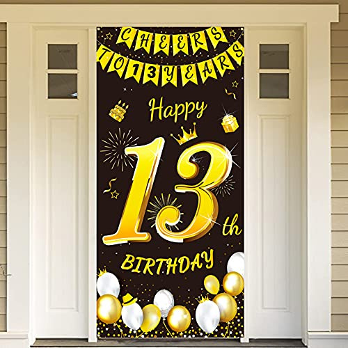 DPKOW Schwarz Gold 13. Geburtstag Deko Junge Mädchen, Schwarz Gold Tür Banner für 13. Geburtstag Tür Hintergrund Deko für Garten Tisch Wand, 185 x 90cm Stoff