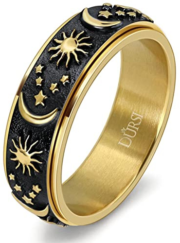 DURSI Sun Moon Star Spinner Fidget Ring for Anxiety for Men Women Stainless Steel Rotating Engagement Wedding Band (Gold Black, Size 7)