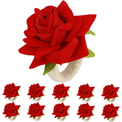HuaLiSiJi Servilleteros de Flores Anillos Servilletas, Elegantes Decoraciones de Mesa para Bodas, San Valentín, Banquetes, Navidad, Cumpleaños, Acción de Gracias (10 Piezas Rojo)