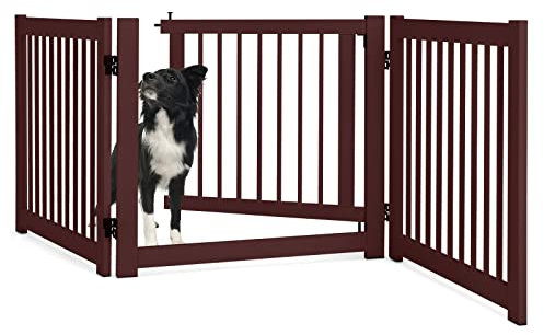 COSTWAY 3-teiliges Absperrgitter Hunde, Freistehendes Hundegitter mit Tür, 61cm hoch, Schutzgitter Holz, Treppengitter Kindergitter klappbar, Hundeabsperrgitter für Kamin & Treppe (Braun)