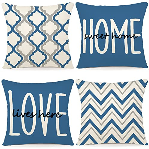 YCOLL Kissenbezug 40x40 4er Set Dekokissen Leinen Kissenbezüge Geometrische Muster Kissenhüllen für Sofa Schlafzimmer Couch Outdoor Kissen 40x40 Blau