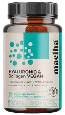 Acido Ialuronico e Collagene VEGANO | Integratore collagene vegano con acido ialuronico | Formula Concentrata con Vitamina C & E, Zinco, Coenzima Q10 e Pino Marittimo | 90 Capsule | 100% Naturale