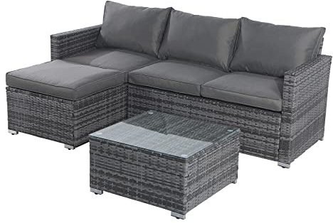 AZRBOPO Outdoor Rattan Corner Sofa, 3 Piece Rattan Garden Furniture Sets Outdoor Garden Lounge Set with Glass Table, Soft Cushion L-Shaped All-weather PE Wicker Patio Corner Sofa Couch
