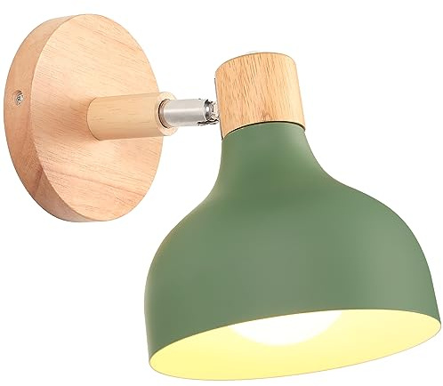 iDEGU Wandlampe Retro E27 Wandleuchte Moderne aus Holz Metall im Skandinavischen Stil Lampenschirm Tropfenförmig Verstellbare Wandspot Vintage Lampe für Schlafzimmer Wohnzimmer (Olivgrün, 1 Stück)