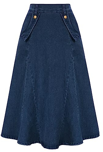 Belle Poque Women's Denim Skirts Vintage Elastic High Waist A-Line Long Maxi Jean Skirts with Pockets, Dark Blue, L