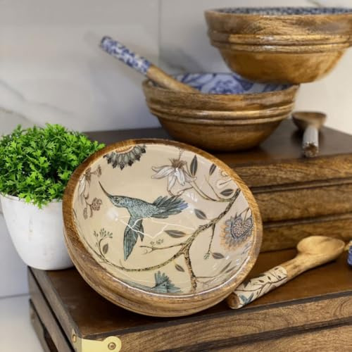 Hartsmede Mango Wood Portion Bowl Set of 2 with Spoons – 7 Handmade Breakfast Bowls with Food-Safe Enamel Interior, Hummingbird Design Small Serving Bowls for Cereal, Soup, Salad or Fruit