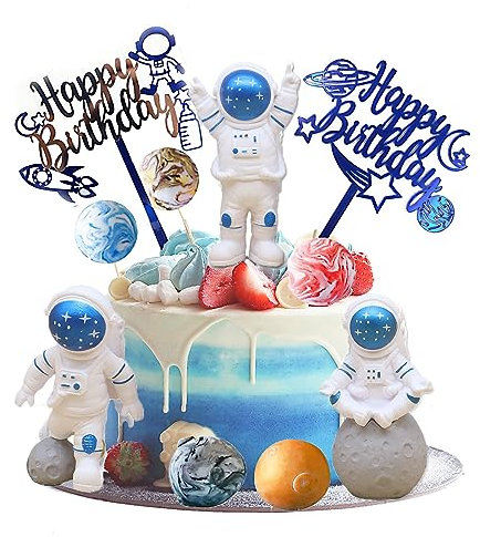 Gfamous 10 Pièces Toppers Cupcake Espace Décoration de Gâteau,Astronaute Deco Anniversaire,Décorations de Gâteau Astronaute,Espace Gâteau Topper,pour Fête à Thème Parti Décoration（or）