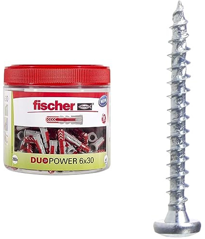 fischer DUOPOWER 6 x 30, handliche Runddose mit 200 Universaldübeln & PowerFast II PTF 4,5 x 40, Spanplattenschraube (200 Stk.) mit Vollgewinde