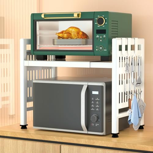 ZLPBAO Mensola Microonde Estensibile 2 Livelli con 6 Ganci, Regolabile Due Livelli Microonde Scaffale, Scaffale Salvaspazio Acciaio Carbonio Ripiano Contatore Cucina Organizzatore Ripiani