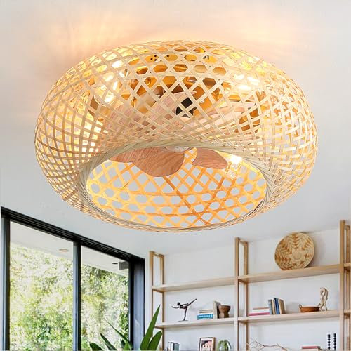 Fachae Smart Ceiling Fans with Lamps and Remote,Silent Ceiling Fans with Lights for Bedroom,Vintage Rattan,E27 Light Bulb Rustic Cage Type,Ceiling Fan with Light Living Room,Kitchen