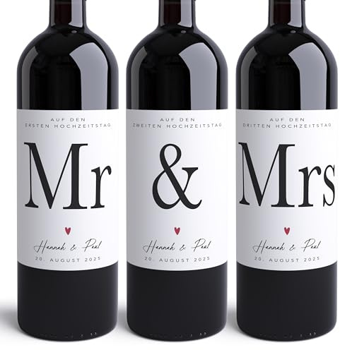 Weinetiketten personalisiert Hochzeitsgeschenk Brautpaar Mr & Mrs Flaschenetiketten Hochzeit Geschenk Wein selbstklebende Weinflaschenetiketten Set mit 3 Stk. | 10x12 cm