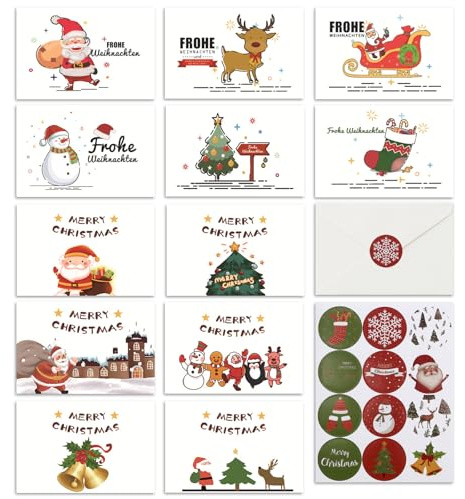 Syunyin Weihnachtskarten, 12 Stück Weihnachtskarten mit Umschlag Set, Klappkarten mit Briefumschlag Grußkarten Basteln Weihnachten Karte Postkarte, Frohe Weihnachten, 10 x 15 cm