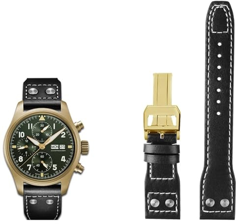 Clouism 20 21 22mm Echtleder Nieten Armband Passend für IWC Big Pilot Spitfire Braun Schwarz Blau Rindsleder Uhrenarmband(Black gold buckle,22mm)
