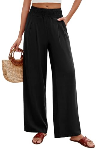 PASUDA Pantalones Mujer Verano de Algodón Lino Cintura Alta Elástico Casual Suelto Cómodos Flojo Playa Anchos Largos