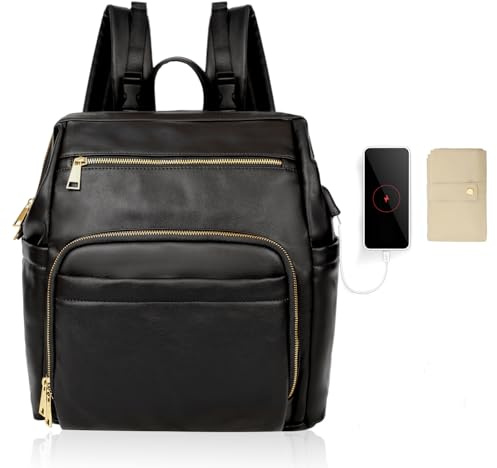 MISS FONG Wickelrucksack Wickeltasche Große, Baby Rucksack Wickelrucksack Leder Lässig Babytasche Kapazität Mit 18 Wickeltasche Organizer, Wickelunterlage für Mama & Papa-Schwarz
