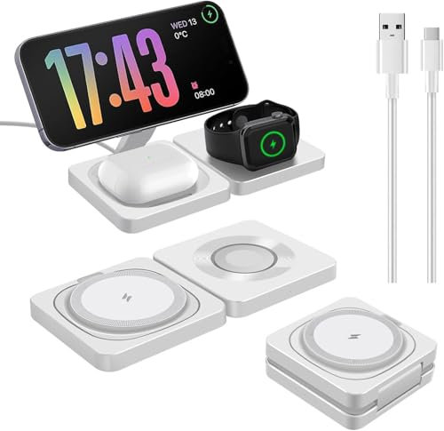 Chargeur Induction Station de Charge sans Fil Rapide Compatible Magnétique, Appareils Multiples pour iPhone 16 15 14 13 12 Pro/Max/Plus, Apple Watch 10 Ultra 9 8 SE 7 6 5 4 3 2, pods Pro 2/3/Pro/4