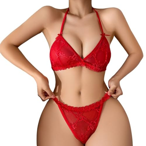 NLAND Completi Intimi Donna Sexy Set Lingerie Reggiseno 2 Pezzi in Pizzo Babydoll Lingerie e Slip Ferretto e Perizoma Biancheria Intima con Tracolla Regolabile,Rosso