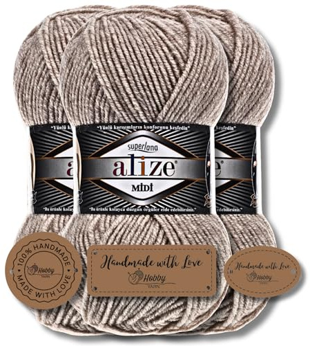 Hobby YARN 3x Etikettenlabel mit Alize Superlana Midi Wolle Premium 3x100g als Set, Yarn, Garn, Strickgarn, Einfarbig, Baby, zum Häkeln, Stricken, Kleidung, Schals (152)