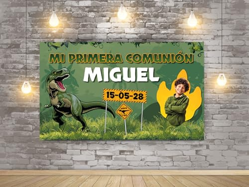 Photocall para Comunión Dinosaurios en Lona Personalizado | 185x110cm | Photocall Económico y Original | Decoracion para Eventos o Celebraciones puntuales
