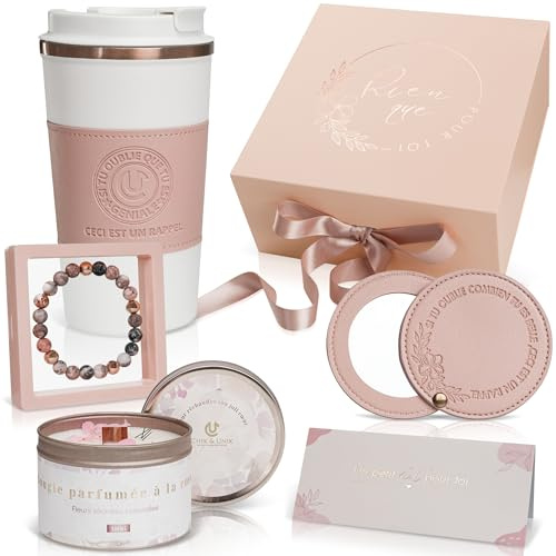 Coffret cadeau femme luxe 7pcs – bougie parfumée, mug isotherme étui cuir végétal, bracelet pierres naturelles, miroir de poche, boîte magnétique chic – idée anniversaire originale et utile