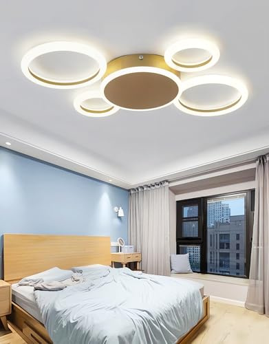 Moderne LED-Deckenleuchte, Dimmbare mit Fernbedienung Deckenlampe, Rundes Ring Design aus Acryl Bündige Montage Deckenbeleuchtung, für Wohnzimmer Schlafzimmer Esszimmer Küche (Gold,5Ringe)
