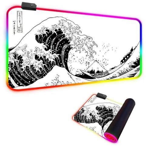 FANSU XXL Tapis de Souris Gaming RGB LED 14 Effets Éclairage Antidérapante Grand sous Main Bureau pour Clavier et Souris, USB- Mouse Pad pour PC Gamer, 3D Style Japonais (Blanc,800x300x4mm)