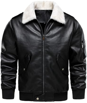 HOOD CREW Men’s Faux Leather Aviator Bomber Jacket with Fur Collar Warm Fleece Lined Biker Jackets Vintage Winter Coats Black L