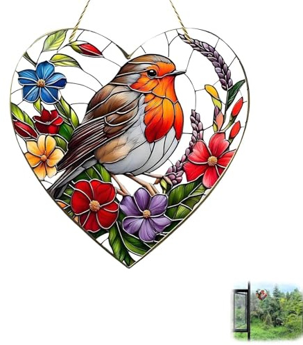 Robin Garden Ornaments, Outdoor Robin Gifts Gardening Gifts for Women | 20cm Heart Sun Catchers for Windows, Easy Hang, Garden Gifts for Women, for Window/Garden/Balcony, Bright Colorful Decor