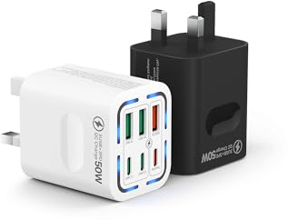 2 Pack USB C Plug UK 50W, Tupneuf 6 Port USB Charger with 30W PD/PPS & 20W QC, Multiport Fast Charger for iPhone 17 16 15 Pro Max, iPad Pro Air, Samsung Galaxy S25 S24 S23, Black White