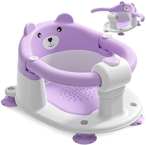 Seggiolino per Vasca da Bagno per Bambini a Partire da 6 Mesi, Seggiolino da Bagno Antiscivolo con 4 Ventose e Cuscino per Neonati, Sedia per Doccia Portatile per Doccia o Vasca da Bagno, Viola