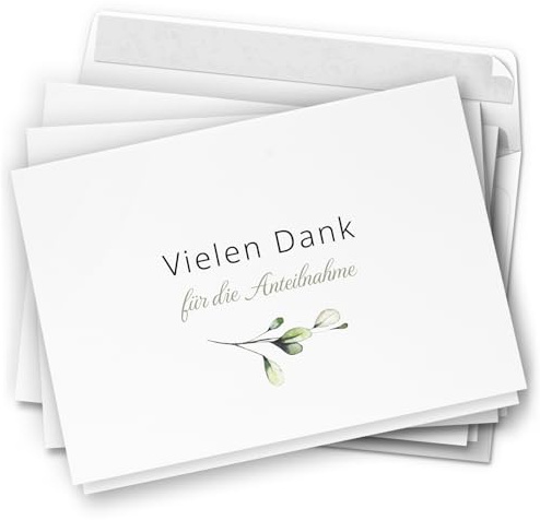 Danksagungskarten Trauer - 20 Klappkarten mit Umschlägen | Zarte Blätter - Trauerkarten Danksagung Vielen Dank für Anteilnahme mit Text - Dankeskarten Trauer nach Beerdigung