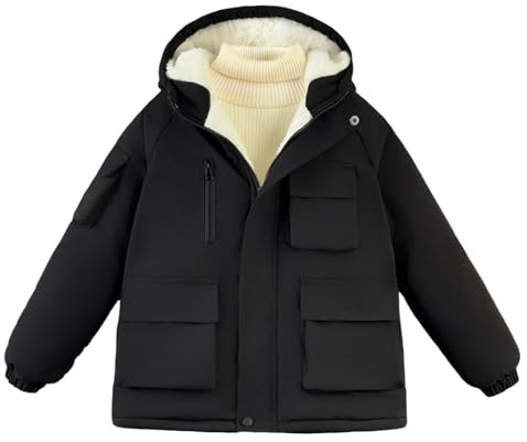 FEOYA Baby vinterrock vinter cargo pojkar dunjacka varm snö barn vinterjacka med huva skidor tonåring jacka vattentät parkas övergångsjacka lätt fodrad kort mode 4–12 år, svart, 9-10 Jahre