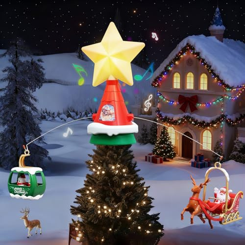 Jubilin Weihnachtsbaumspitze Stern Christbaumspitze Baumspitze Spitze Aufstecker für Tannenbaum Tannenbaumspitze, Weihnachtsstern für Weihnachtsbaum deko, LED Weihnachtsdeko mit Musik und Anhänger