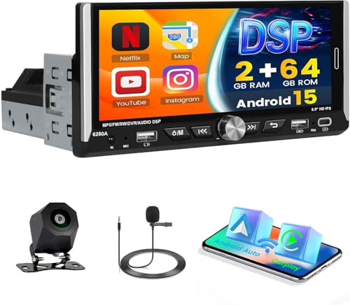 Hikity 2G+64G Autoradio Android 1 DIN con Touch Screen da 6,9 Pollici con Carplay Wireless Android Auto Wireless RDS/FM Radio BT GPS Navigazione GPS WiFi + Telecamera Posteriore + MIC
