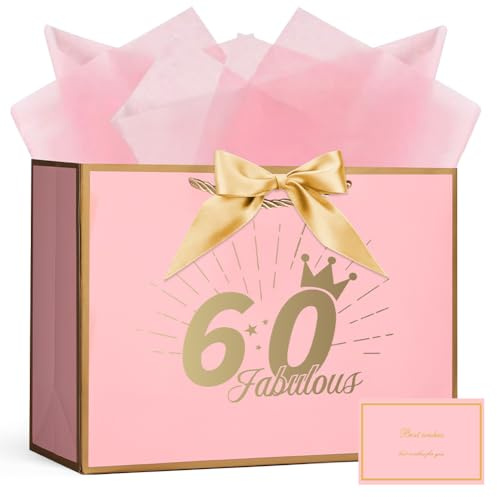 AOOSU Geschenktüte 60 Geburtstag, Papier Geschenktüten mit Schleife + 1 Grußkarten +3 Seidenpapier, Rosa Geschenktaschen Frauen 60th Birthday Gift Bag, Papiertüten mit Henkel für Damen, Mädchen