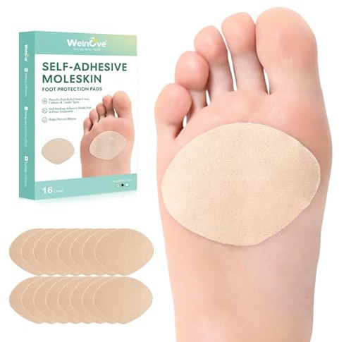 Welnove Almohadillas Adhesivas de Moleskina para Pies, Apósitos para Ampolla en los Pies, Diseño en Forma de Sector para el Antepié, Parches de para Callos y Protección de Rozaduras, 16 Hojas, Beige