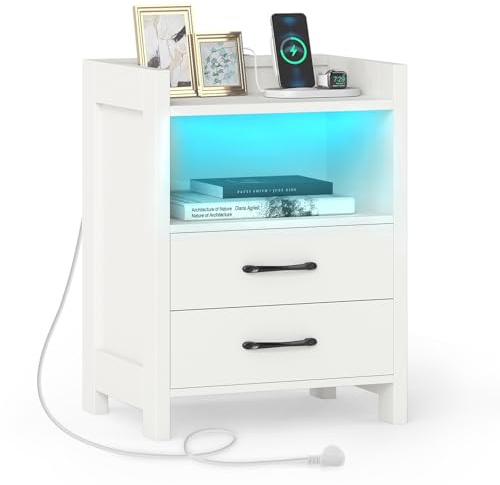 COSTWAY Table de Chevet avec Prise, Table de Nuit LED en 16 Couleurs, 2 Prises, Port USB, Type-C, 2 Tiroirs, Étagère Ouverte, Chevet de Lit Connectée pour Chambre, Salon (1,Blanc)