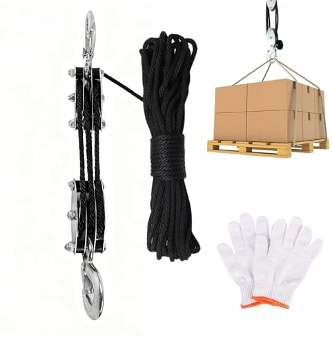 15 Meter Flaschenzug Arbeitssparender,Stahl Flaschenzug Tragkraft mit Seilbremse und 270° Drehbarer Haken,Einstellbare Seil Ratsche,Arbeitssparender Flaschenzug für Lagerhallen,Industrie (Schwarz)