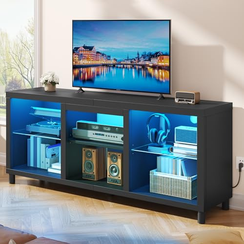 YITAHOME 148 CM TV Unit, LED TV Stand Cabinet for 55/60/65 Inch TVs with RGB Lights, Open Adjustable Glass Shelf, TV Cabinets Gaming Entertainment Center Modern for Living Room Bedroom, Black